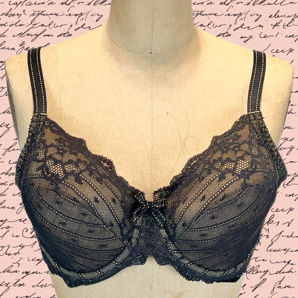 Chantelle black lace bra 32DD pinstripe‎ bow floral unpadded underwire support